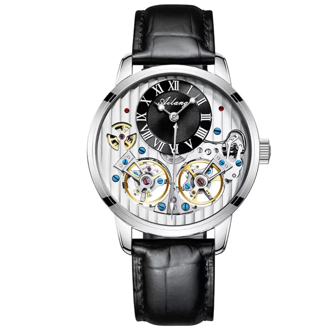 Silver Ailang Skeleton with black leather strap – elegant full front design