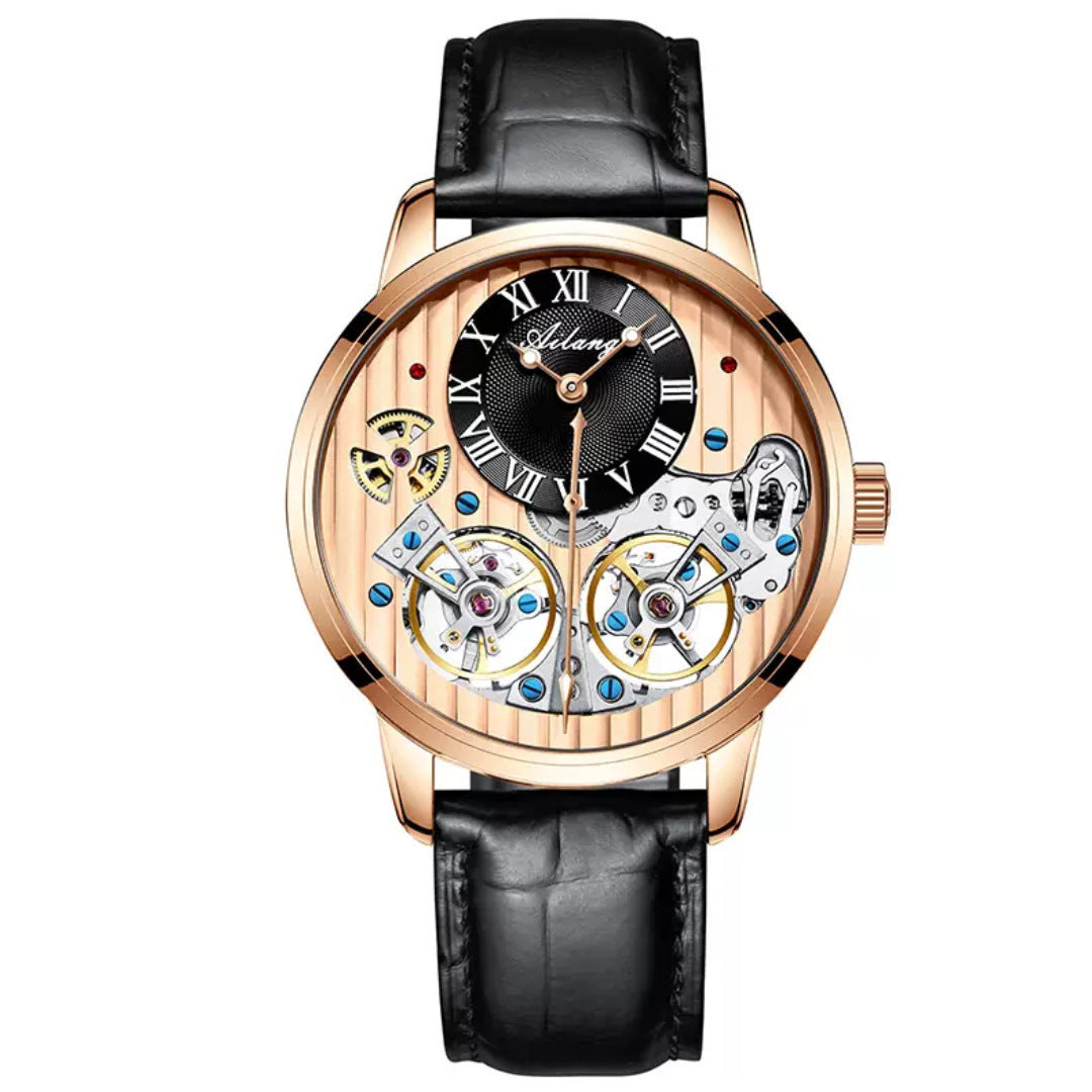 Rose gold Ailang Skeleton watch with black strap – elegant skeleton design

