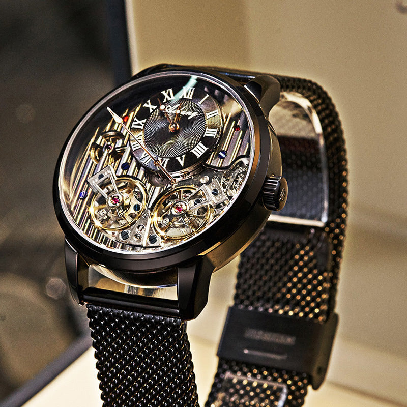 Black Ailang Skeleton Automatic watch with mesh strap – angled shot highlighting visible mechanism