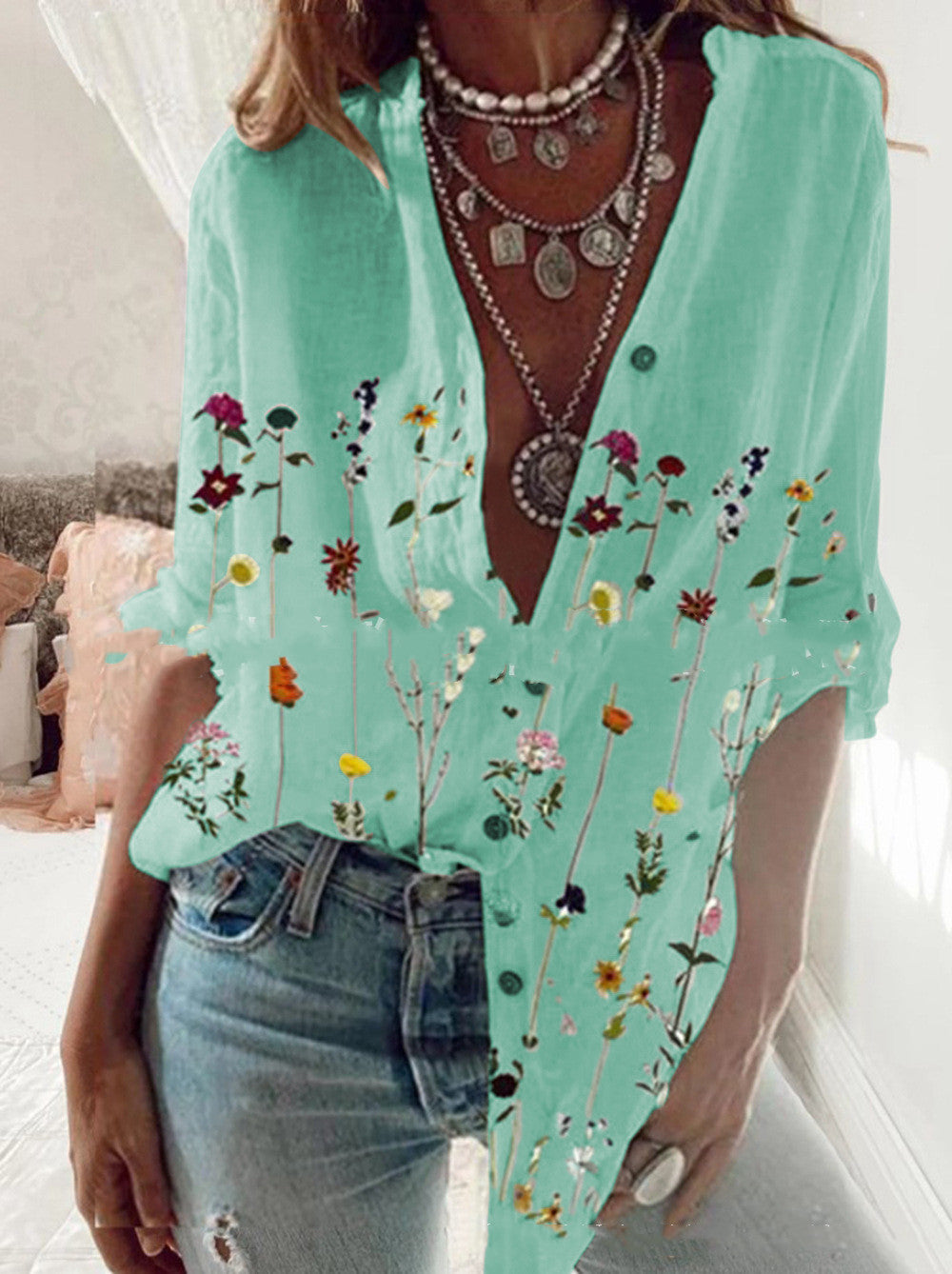 Boho-style cyan floral print spring shirt in light fabric for women