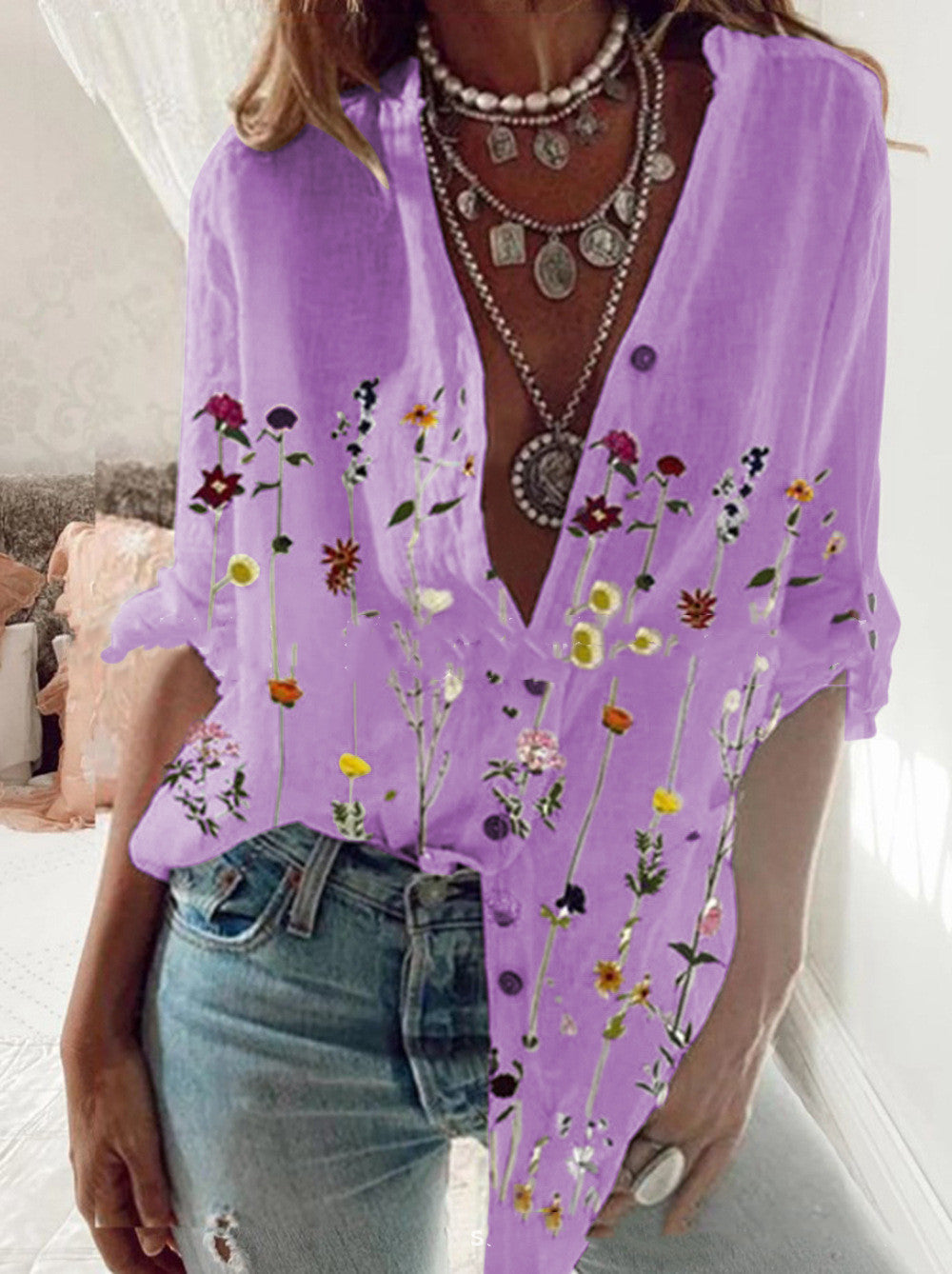 Boho-style purple floral print spring shirt in light fabric for women