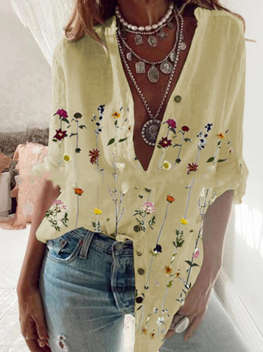 Boho-style khaki floral print spring shirt in light fabric for women