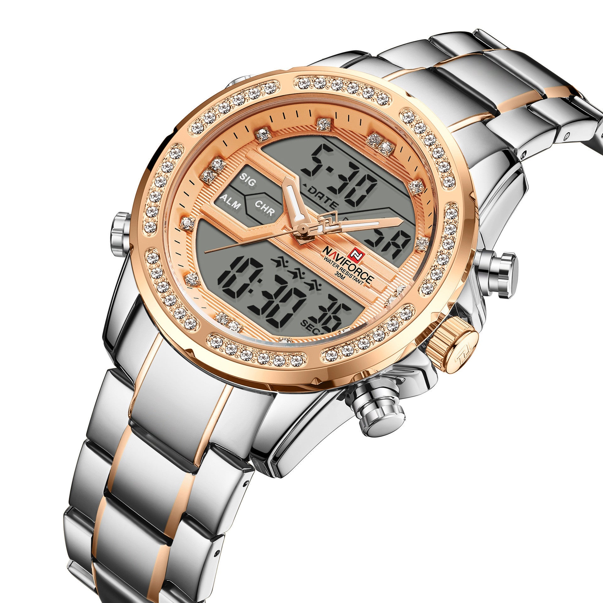 Two-tone Naviforce watch with rose gold bezel and silver bracelet – large analog-digital display