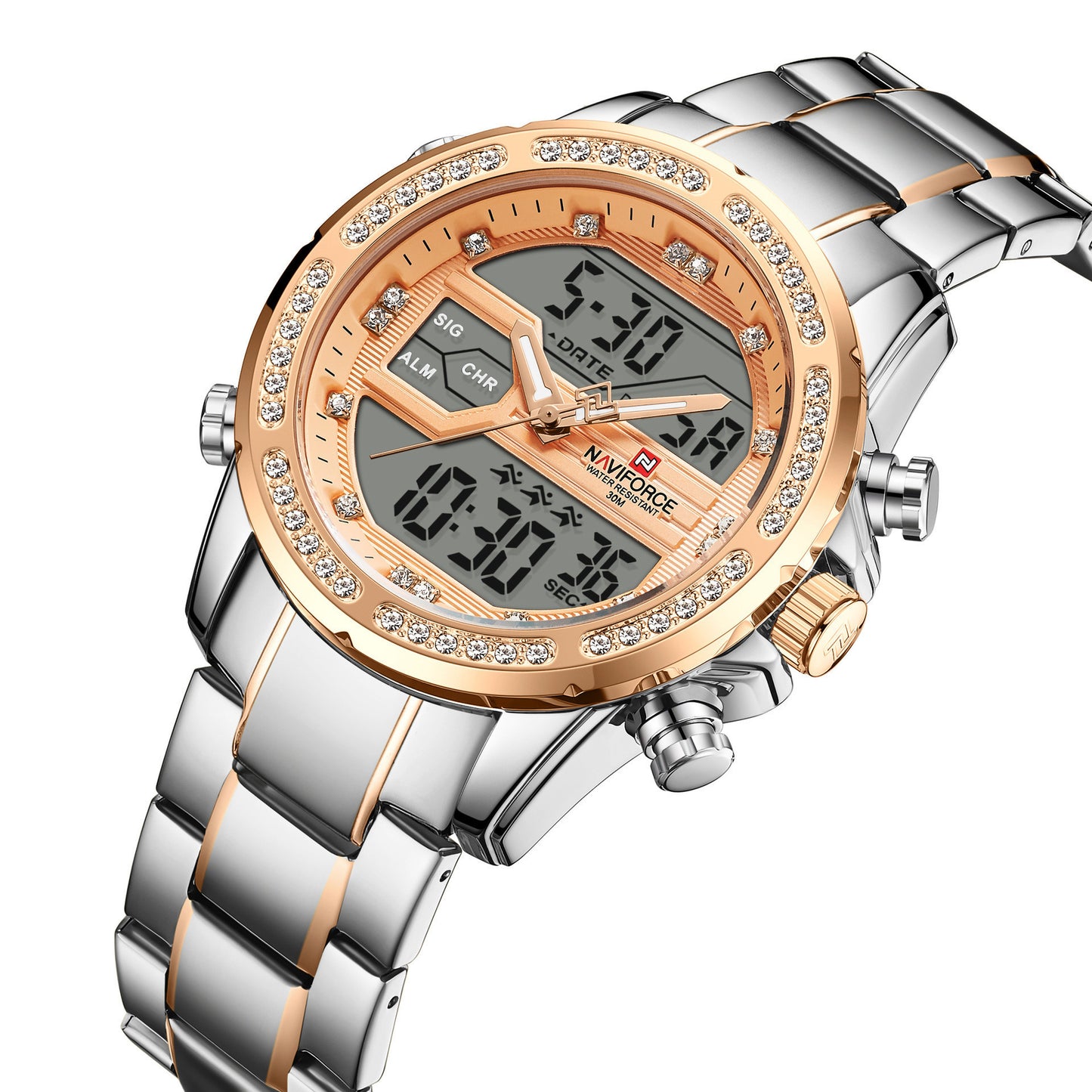 Silver and rose gold Naviforce watch – bold design with dual time display