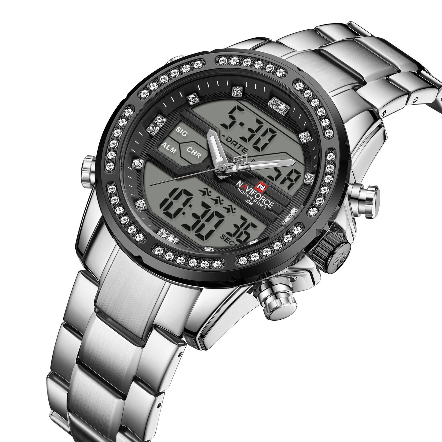 Black Naviforce dual-display watch – rugged style with steel bracelet