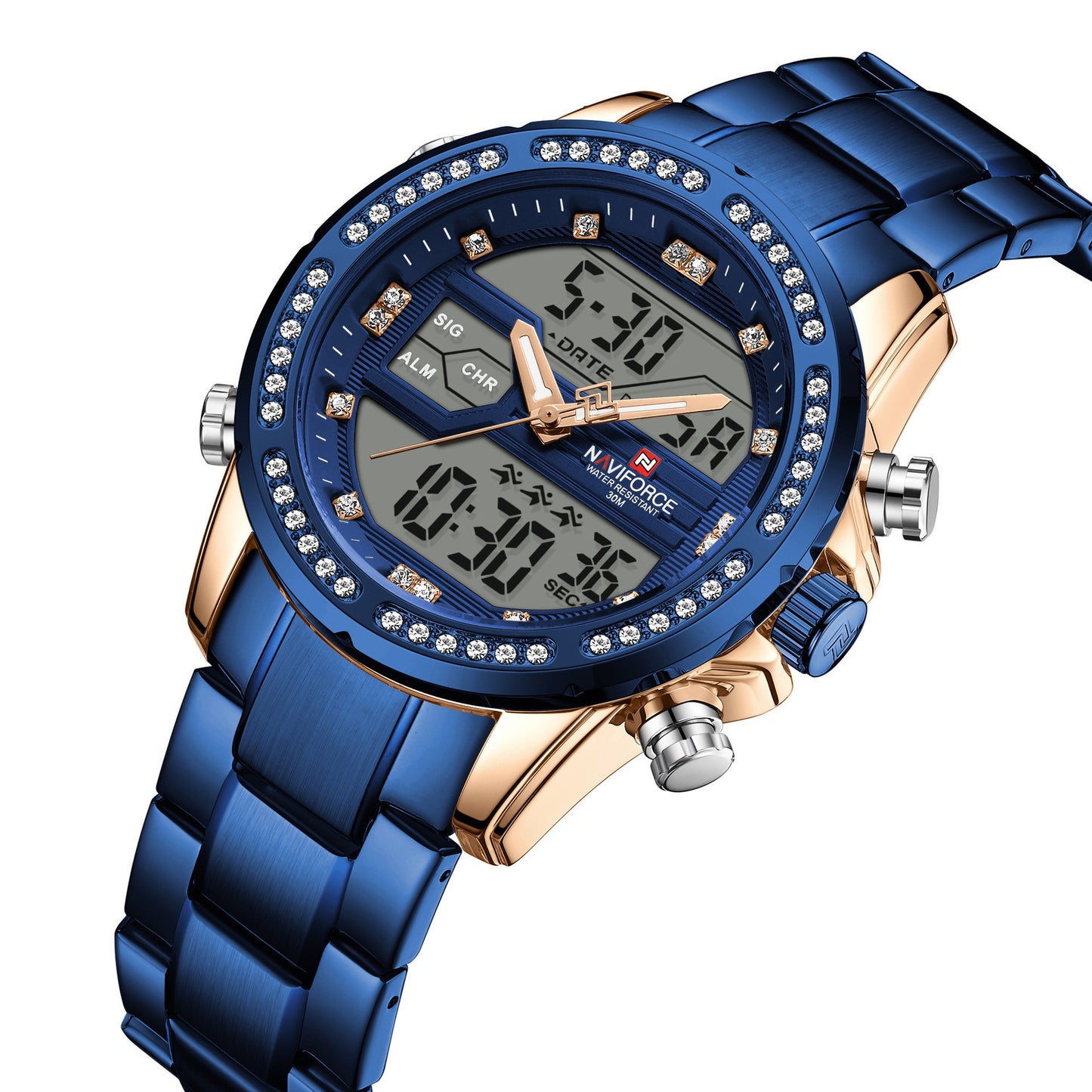 Blue and gold Naviforce dual-display watch – sporty metallic finish