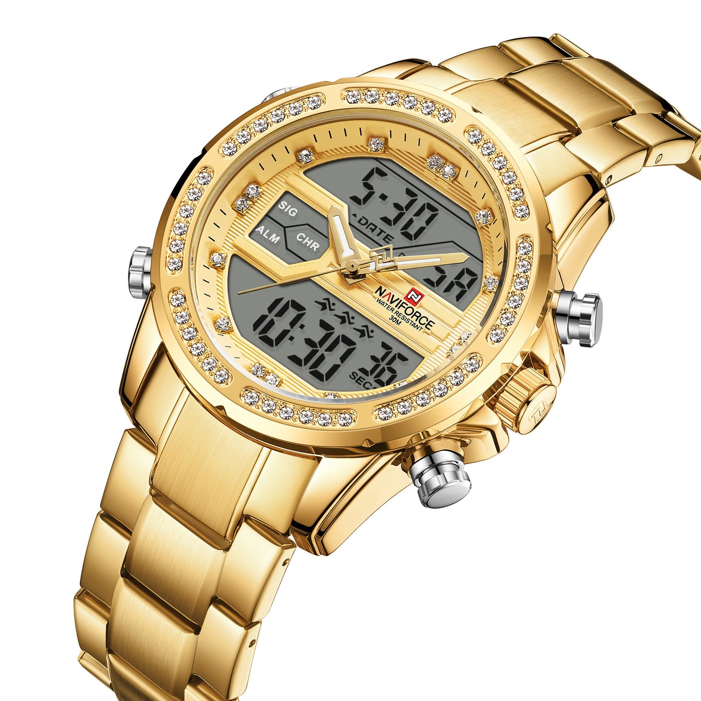 Gold Naviforce analog-digital wristwatch – luminous hands and steel bracelet