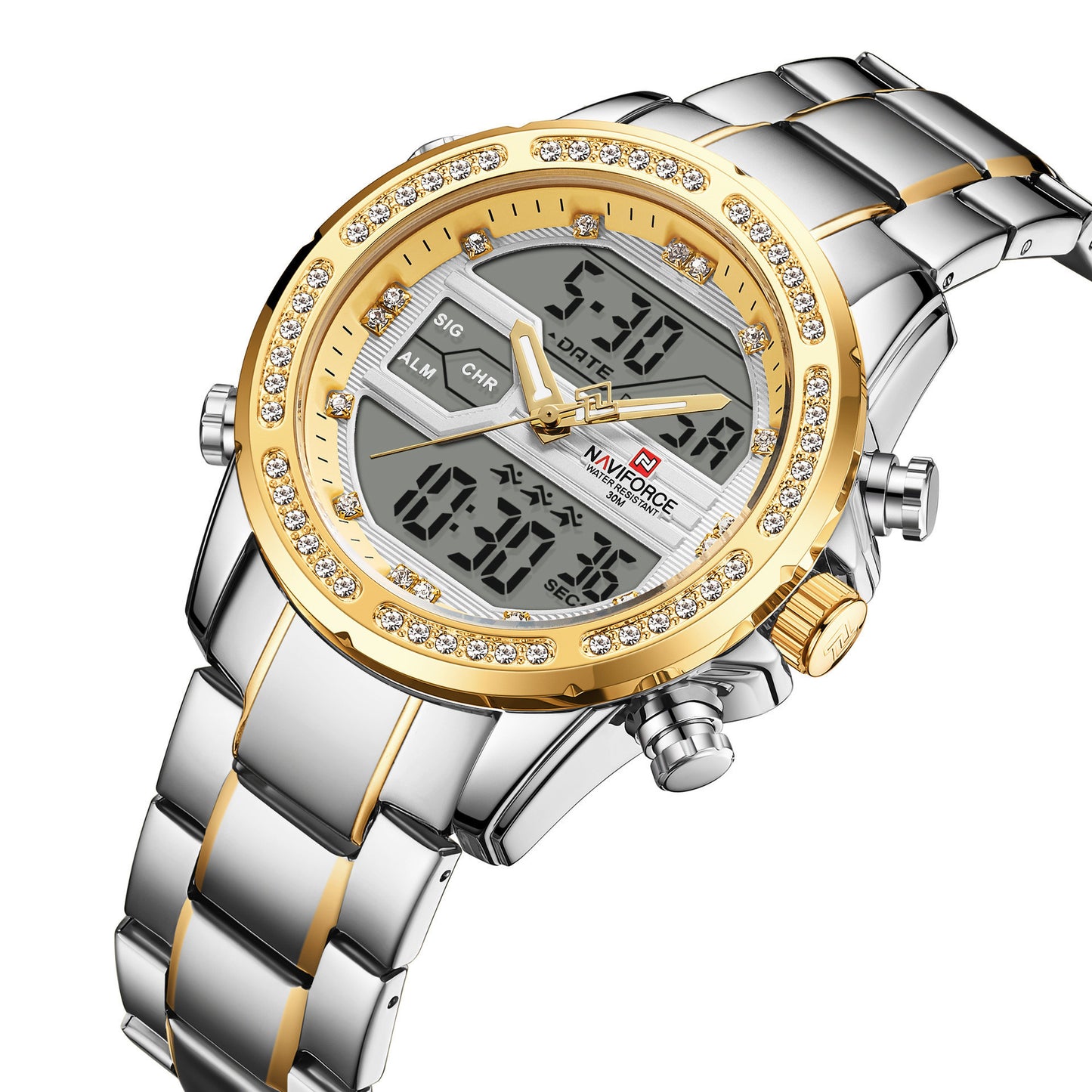 Gold Naviforce analog-digital watch – stylish look with durable metal build