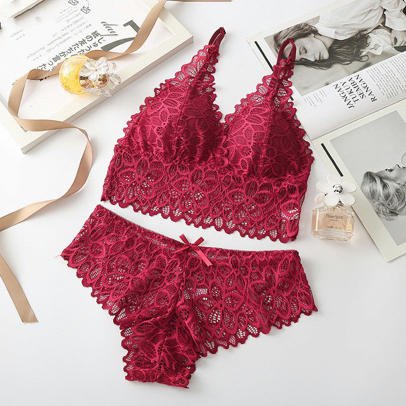 Deep red lace bralette and panties with floral pattern and soft fit