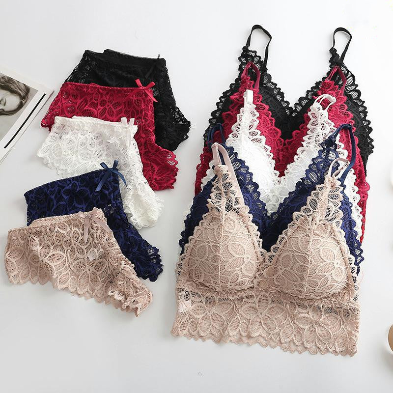 Assorted lace lingerie sets in red, beige, blue, black, and white