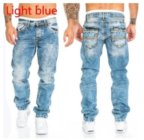 Light blue straight hip hop jeans, men’s fashion