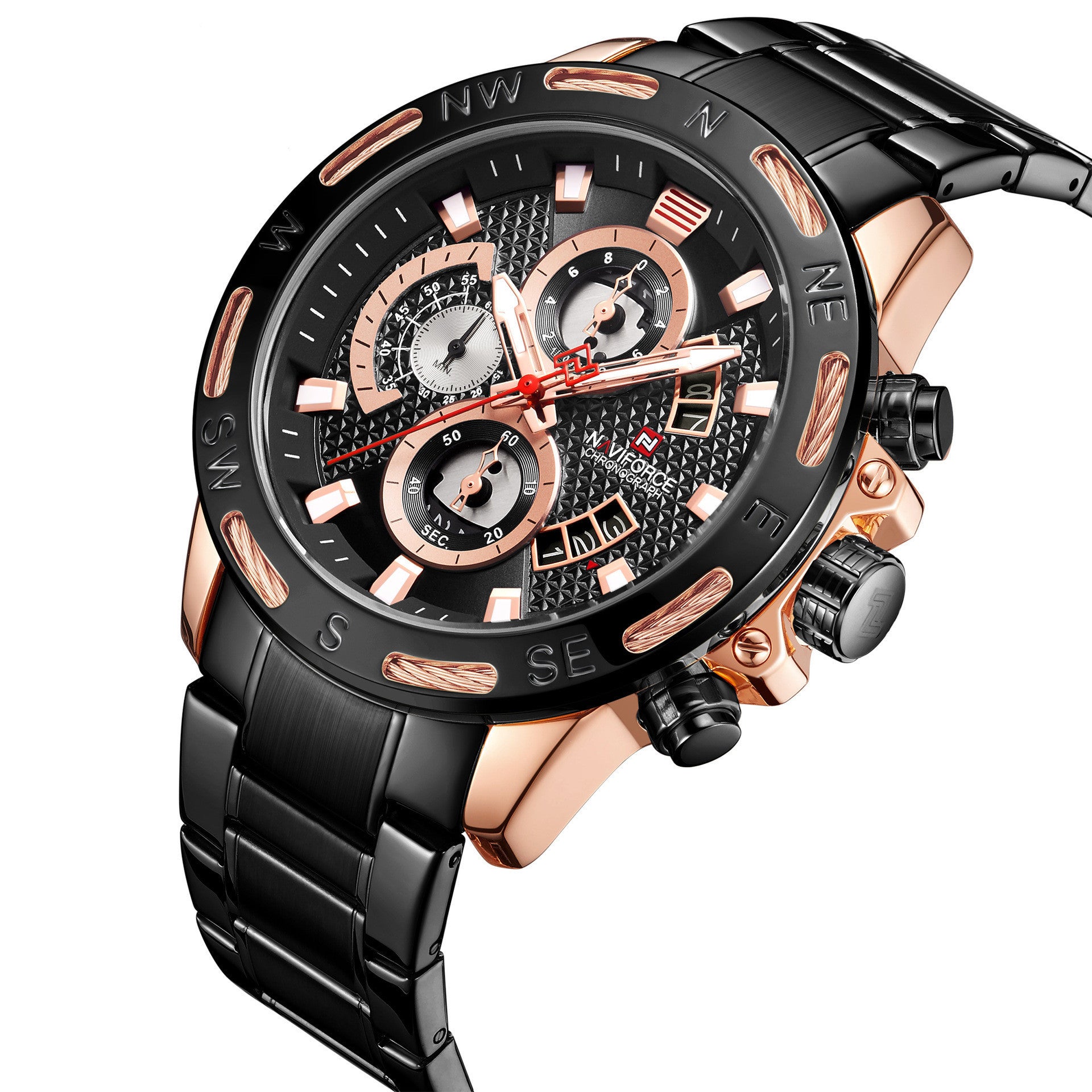 Rose gold and black NAVIFORCE NF9165 with dark dial – angled side view