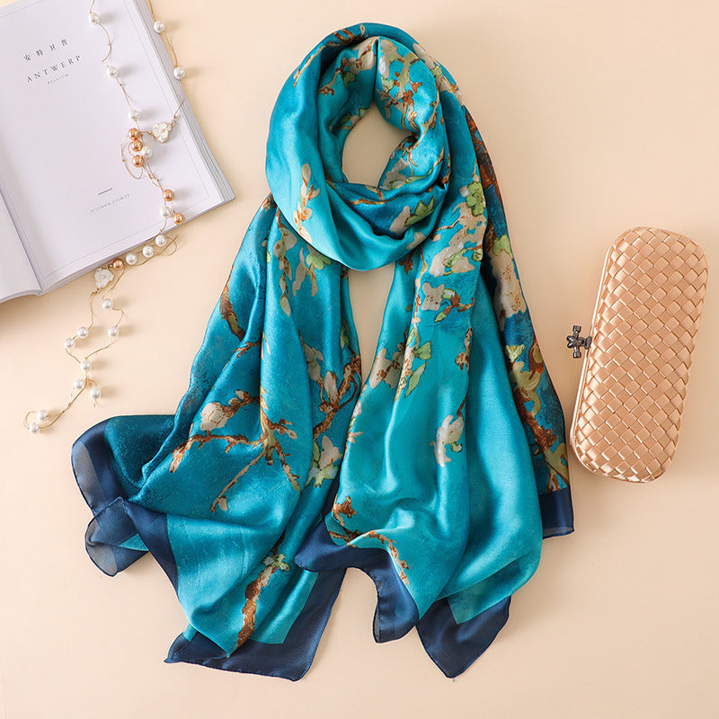 Blue silk scarf featuring beautiful patterns and high quality digital printing for versatile  use