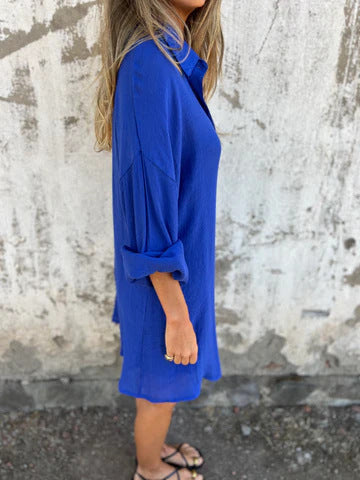 Blue relaxed oversized button-up shirt and comfy shorts