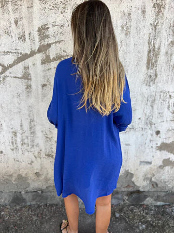 Blue relaxed oversized button-up shirt and comfy shorts back