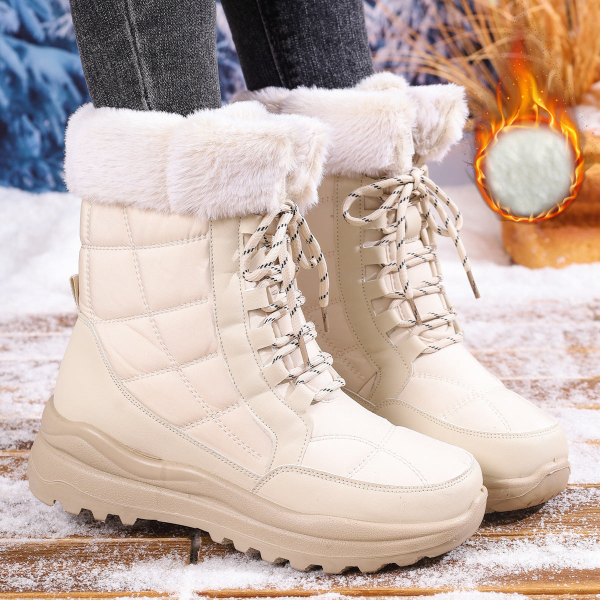 Milky white high-top winter boots with fluffy lining and lace-up front