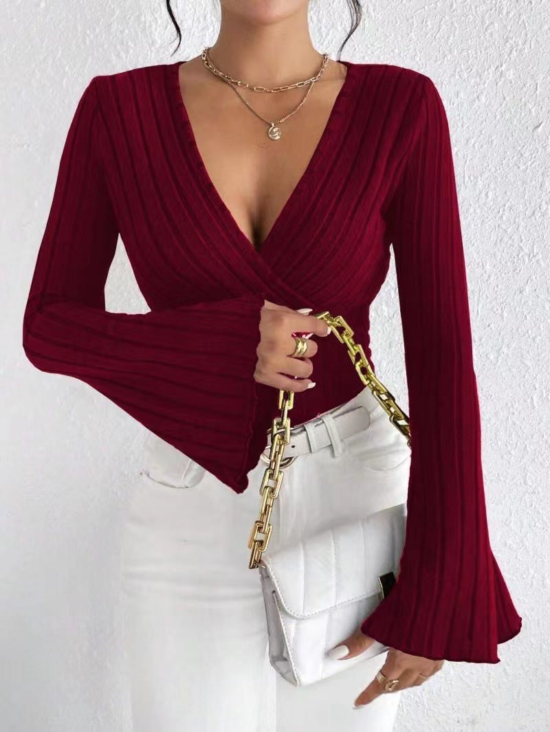 Wine red ribbed bell sleeve top with deep neckline