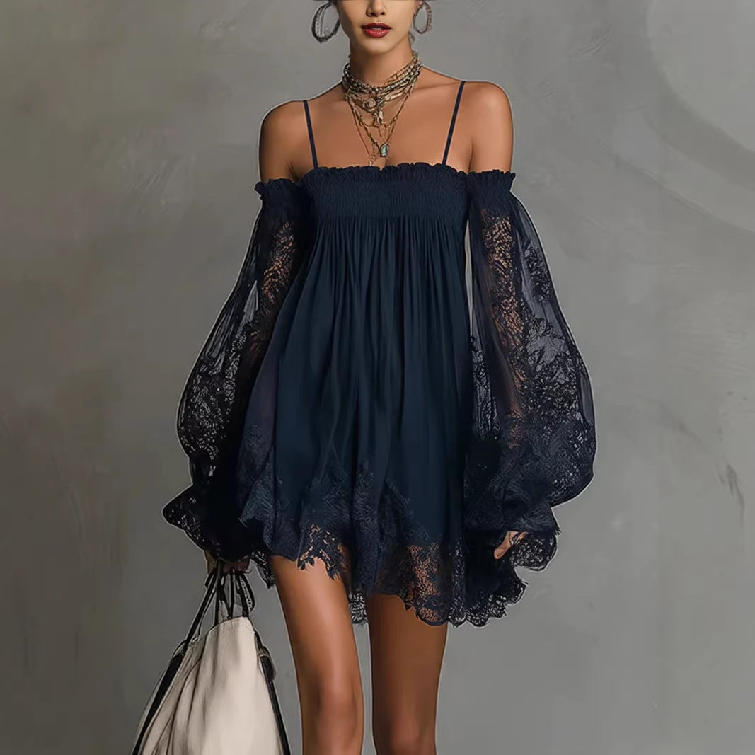 Woman wearing a flowing mini dress with lace sleeves, smocked neckline, and adjustable shoulder straps. AylureEssentials