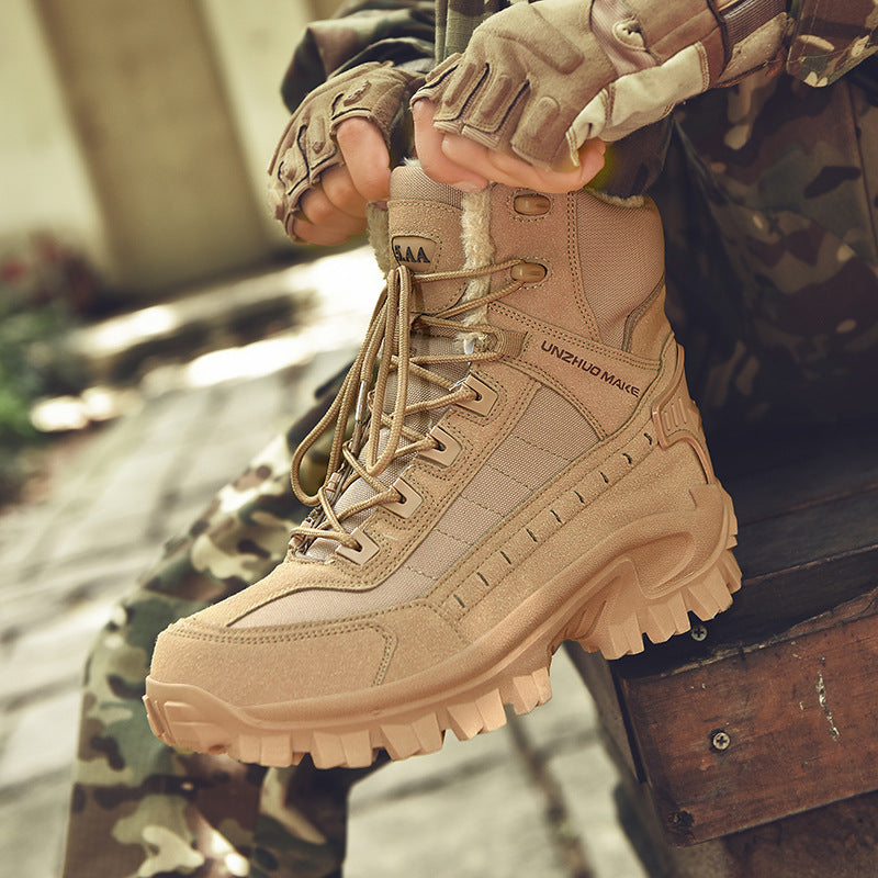Sand-colored waterproof combat boots for winter hiking