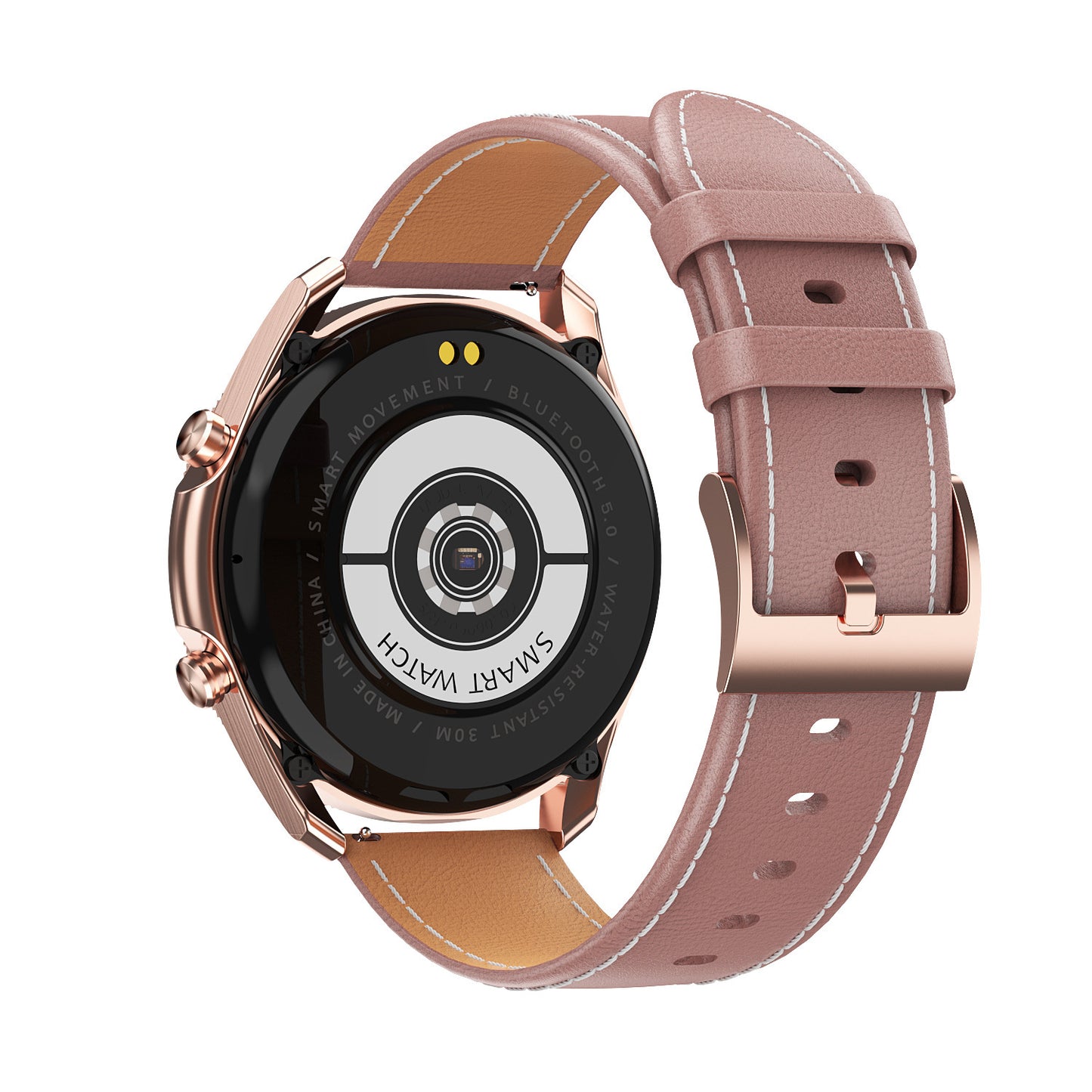 Rose gold smartwatch with pink leather strap and Roman numeral watch face back side – elegant and feminine design.