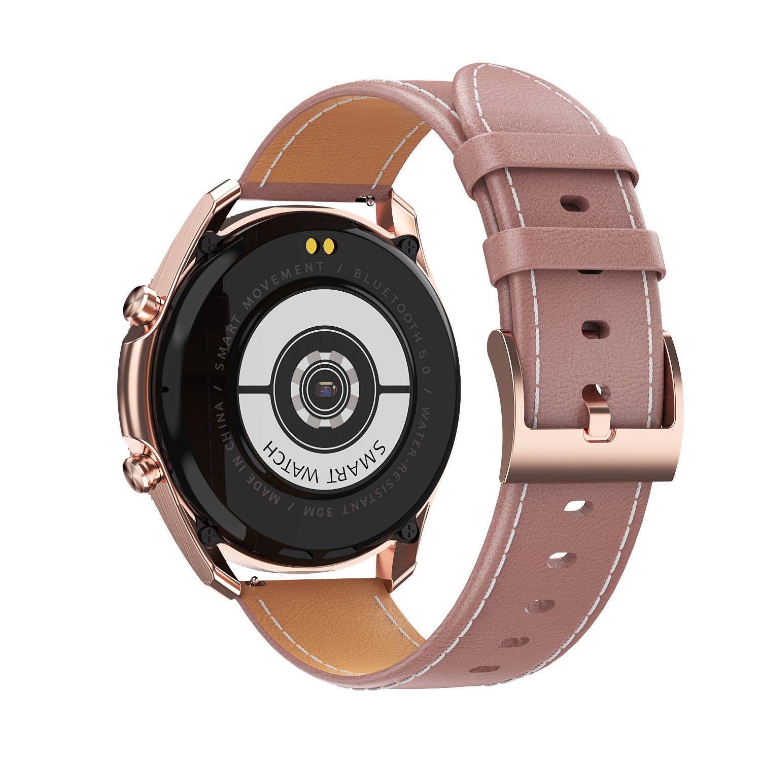 Rose gold smartwatch with pink leather strap and Roman numeral watch face back side – elegant and feminine design.
