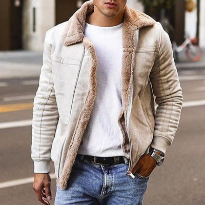 Off white men’s casual coat with faux shearling lining