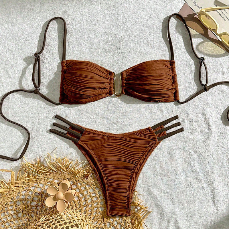 Textured Bandeau Bikini Set with Metal Detail