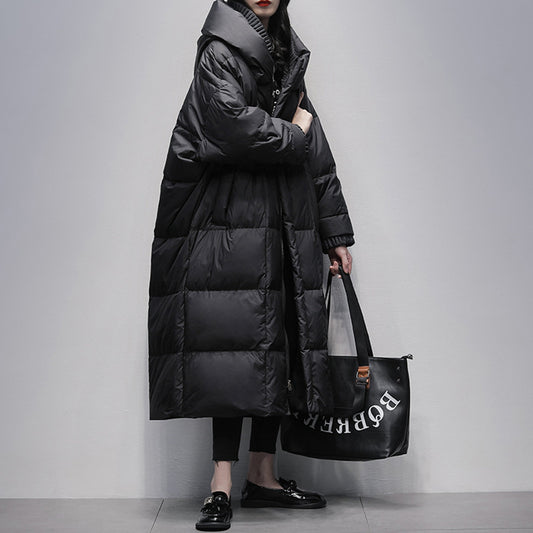Black long oversized down coat with hood, full length winter jacket