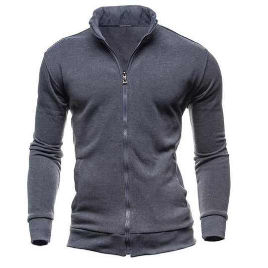 Dark grey men's zip-up hoodie with slim fit and high collar, front view.