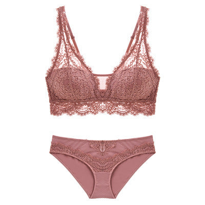Blush pink lace lingerie set with floral embroidery and soft cups