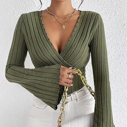Army green ribbed bell sleeve top with deep neckline