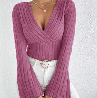 Pink ribbed bell sleeve top with deep neckline