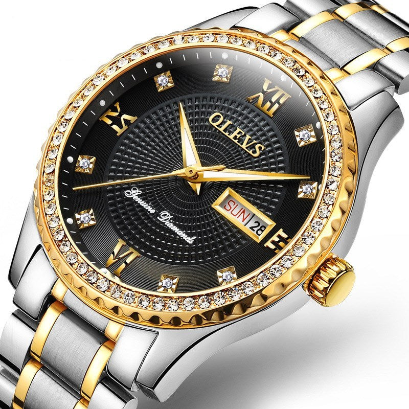 Olevs stylish Luxury Watch with Genuine Diamond Details steel belt bicolor black table