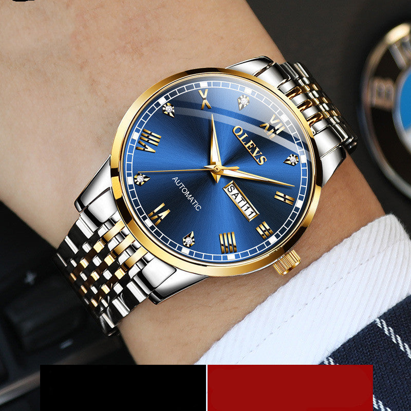 men's bicolor watch with blue table, day and date display