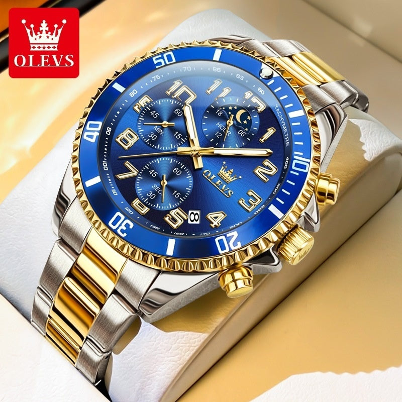 Blue and gold OLEVS chronograph – royal tone with moon phase detail