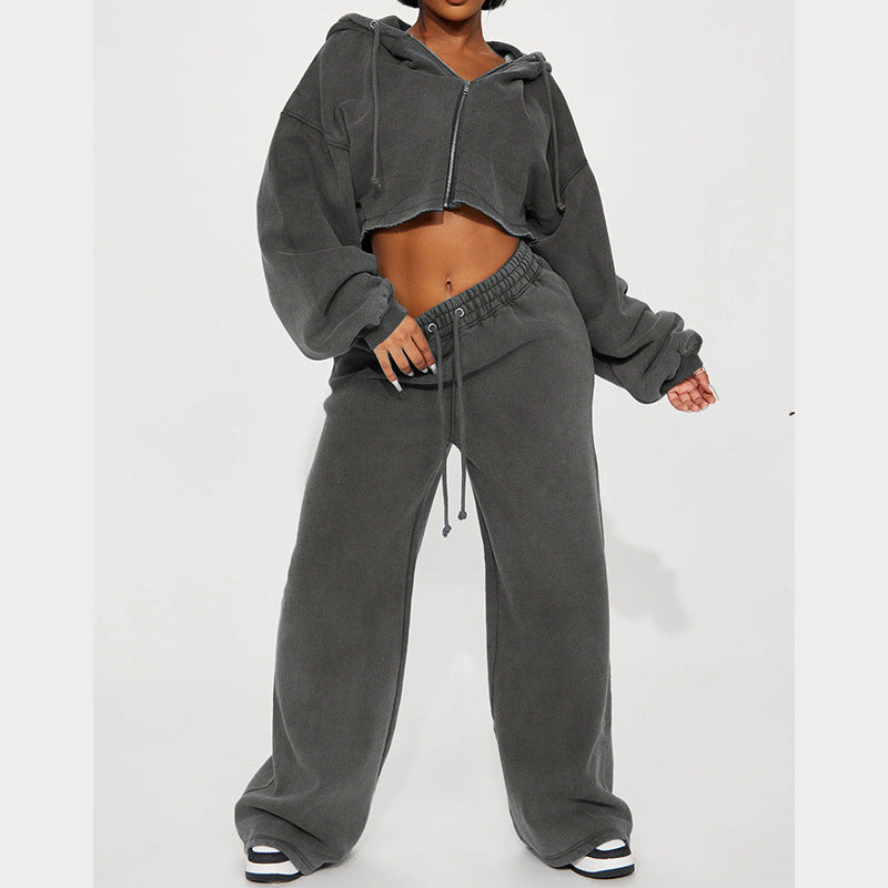 Zip-Up Hoodie & Wide-Leg Sweatpants Set