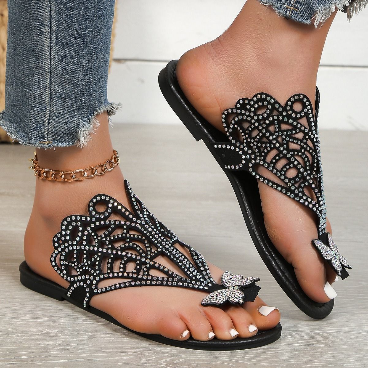 stylish women's black rhinestone summer sandals