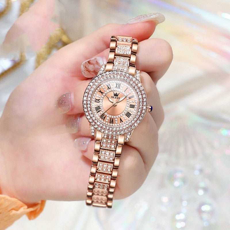 Product view of rose gold crystal-encrusted OLEVS 9943 – frontal shot