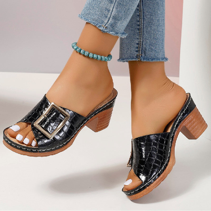 women's slip-on sandals with square heels and buckle