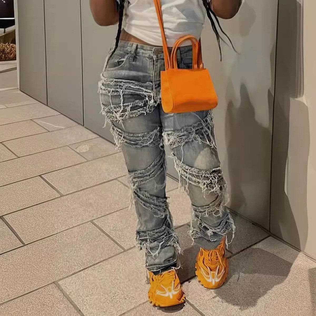 High Waist Light Blue Cotton Straight-Leg Jeans