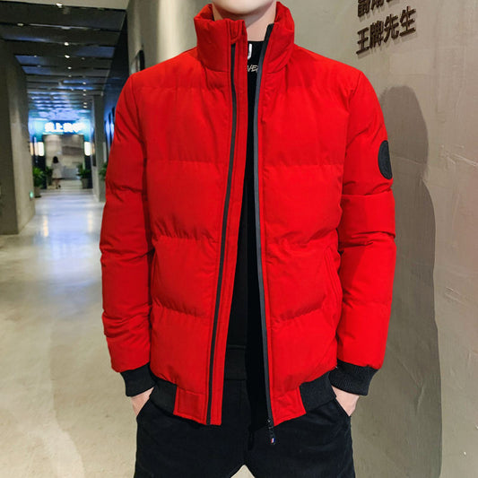 Red Korean style men’s puffer jacket with zipper closure