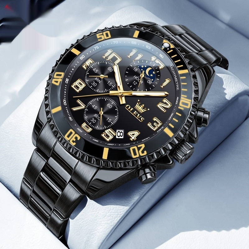 Black OLEVS watch with gold markers – elegant on pillow background