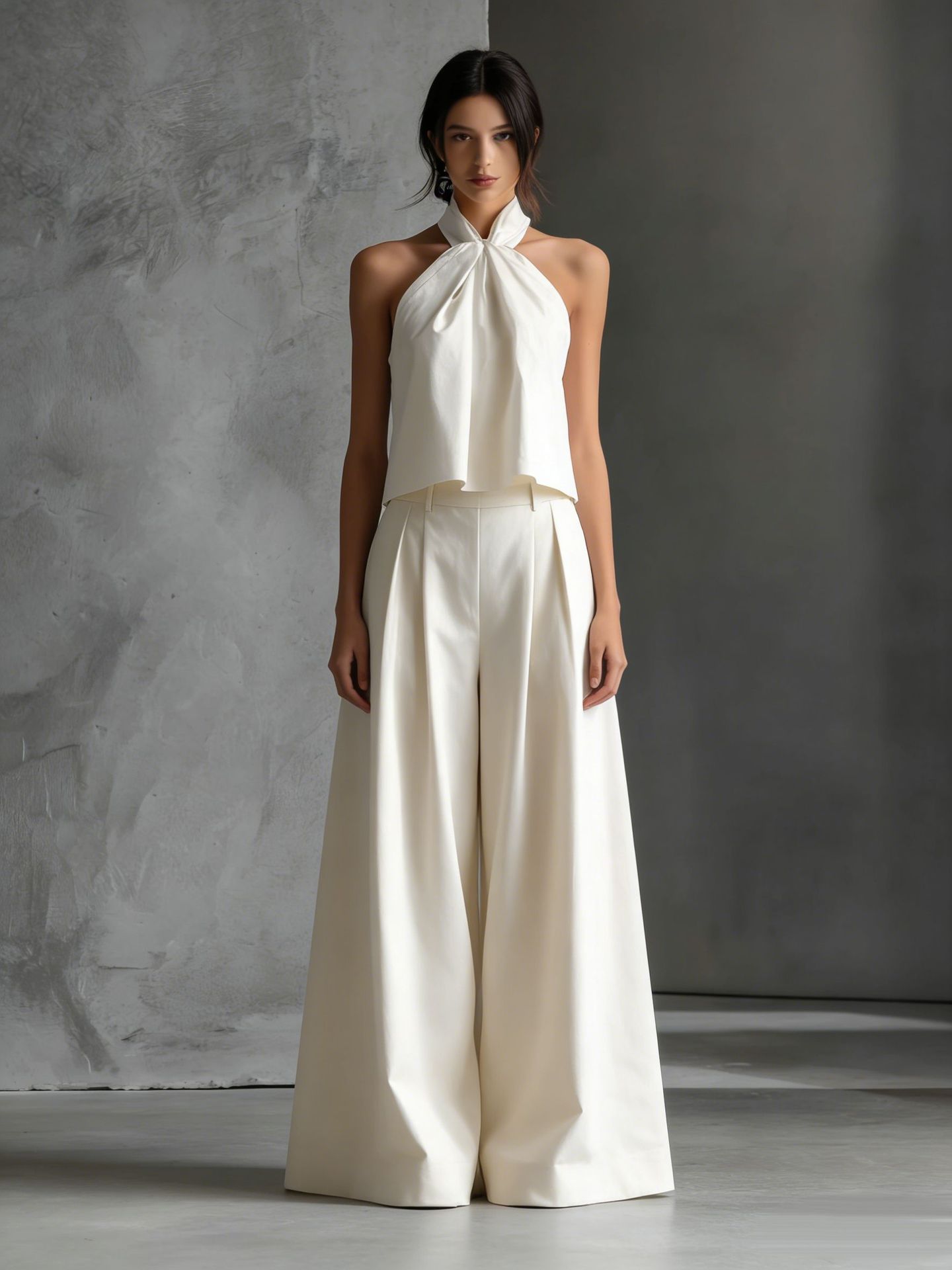 Minimalist Halter Neck Two-Piece Set with Wide-Leg Pants