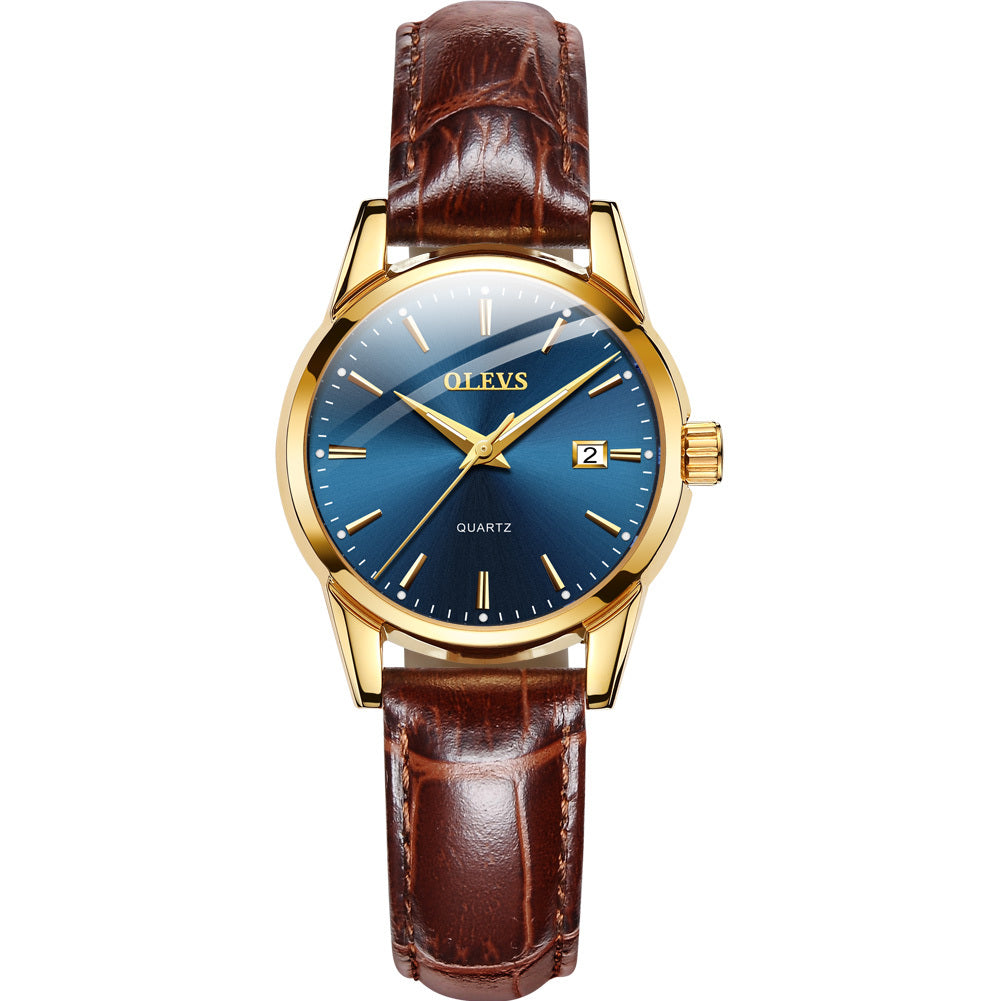Olevs women's stylish wristwatch with brown leather bracelet and blue face