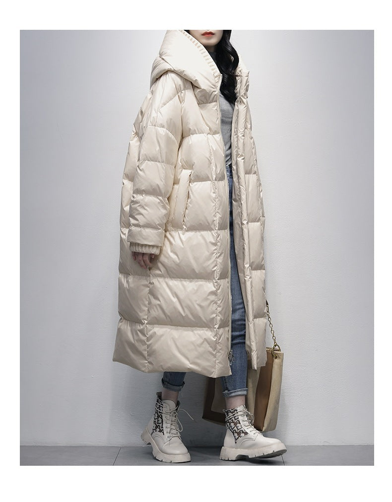 Beige thick duck down coat with hood, oversized fit