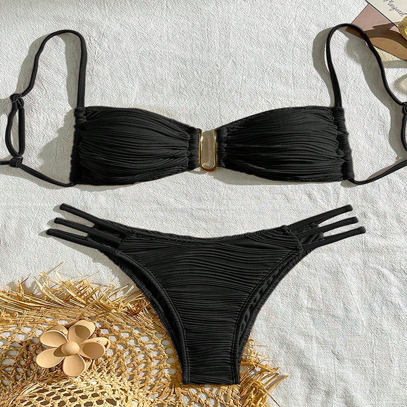 Textured Bandeau Bikini Set with Metal Detail