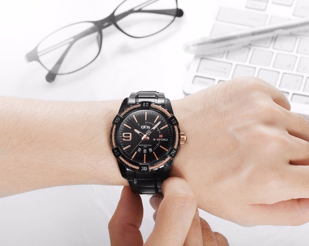 Close-up of black NAVIFORCE men's watch showcasing bold design and durable materials.