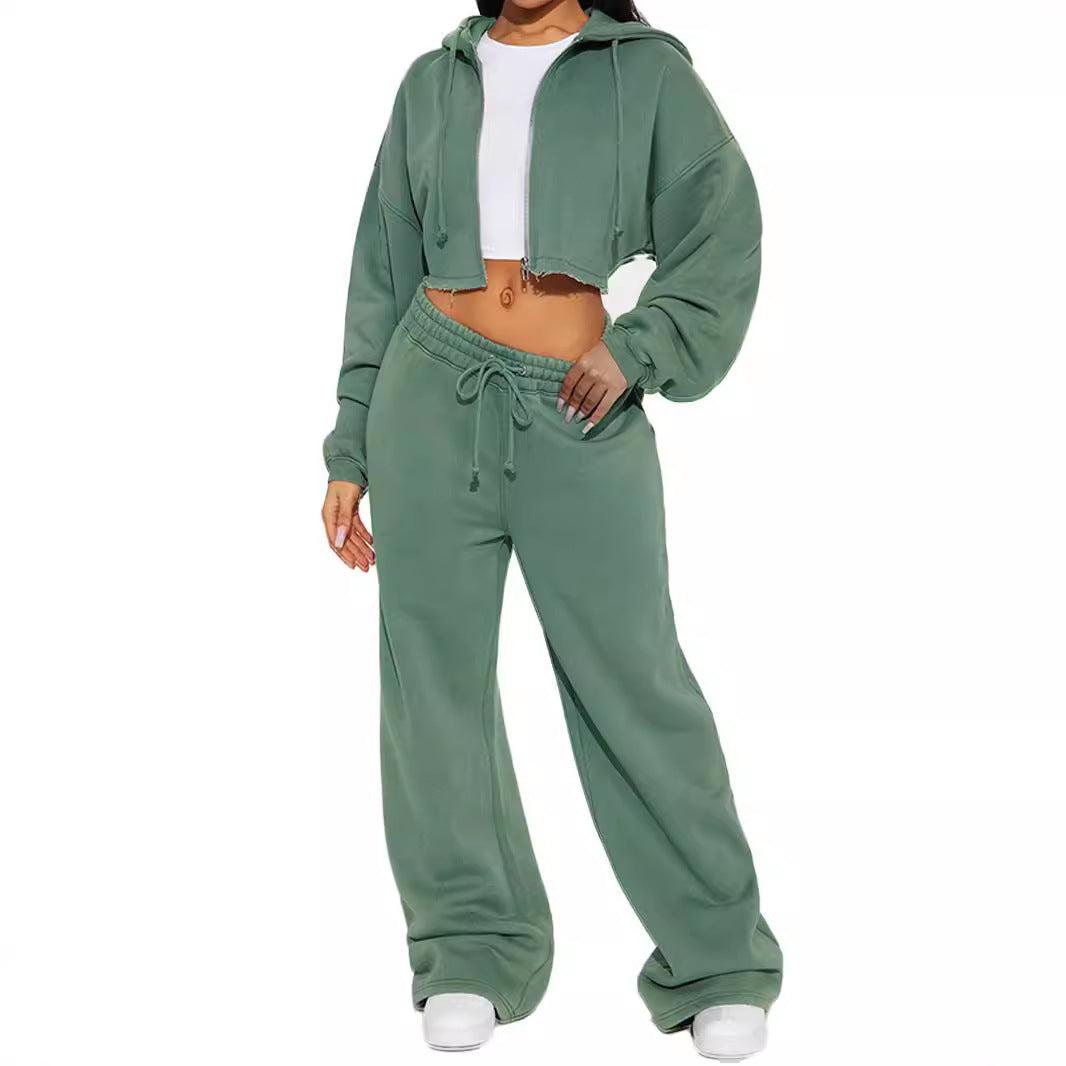 Zip-Up Hoodie & Wide-Leg Sweatpants Set