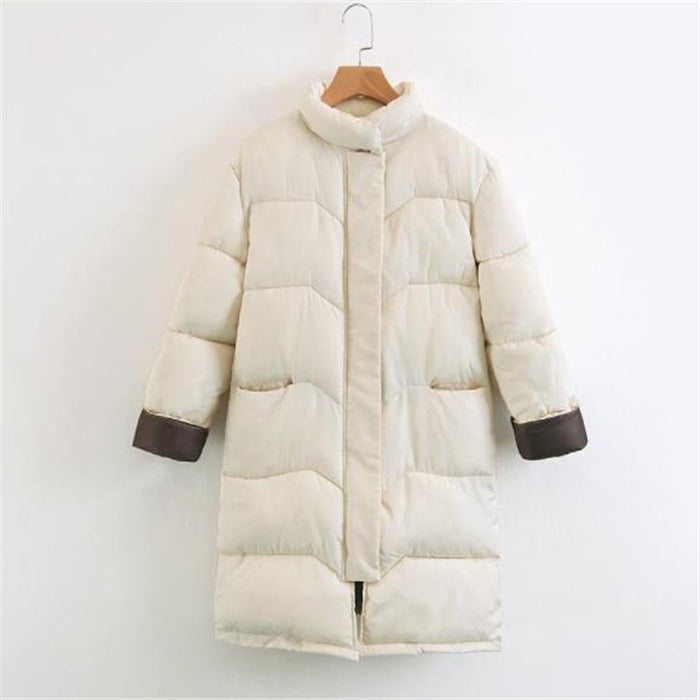 Beige stand-up collar puffer coat, casual winter wear