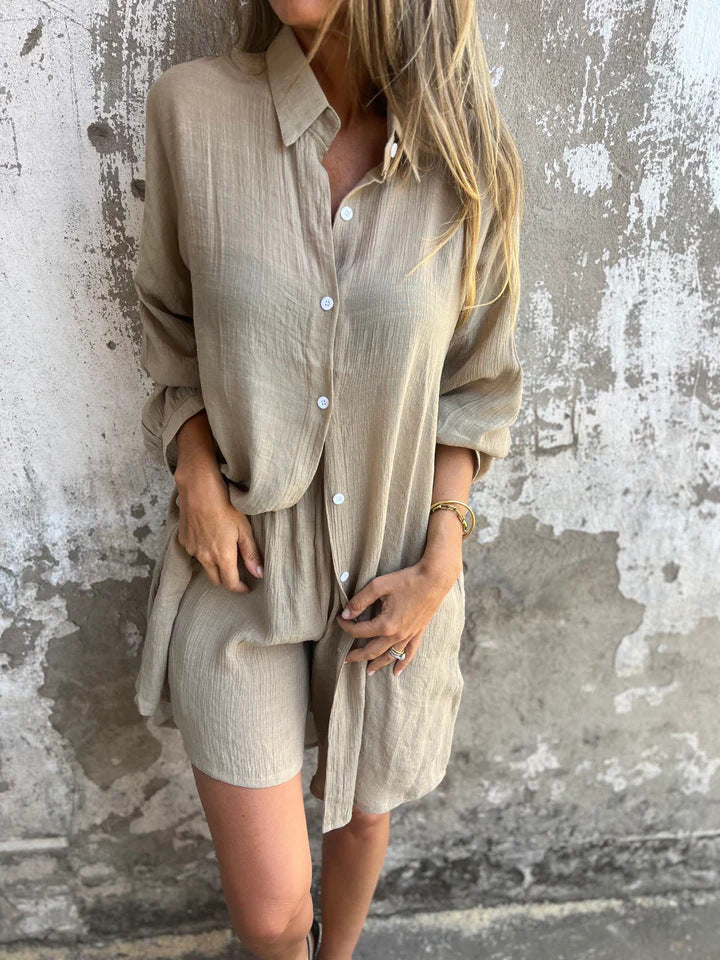 Khaki relaxed oversized button-up shirt and comfy shorts